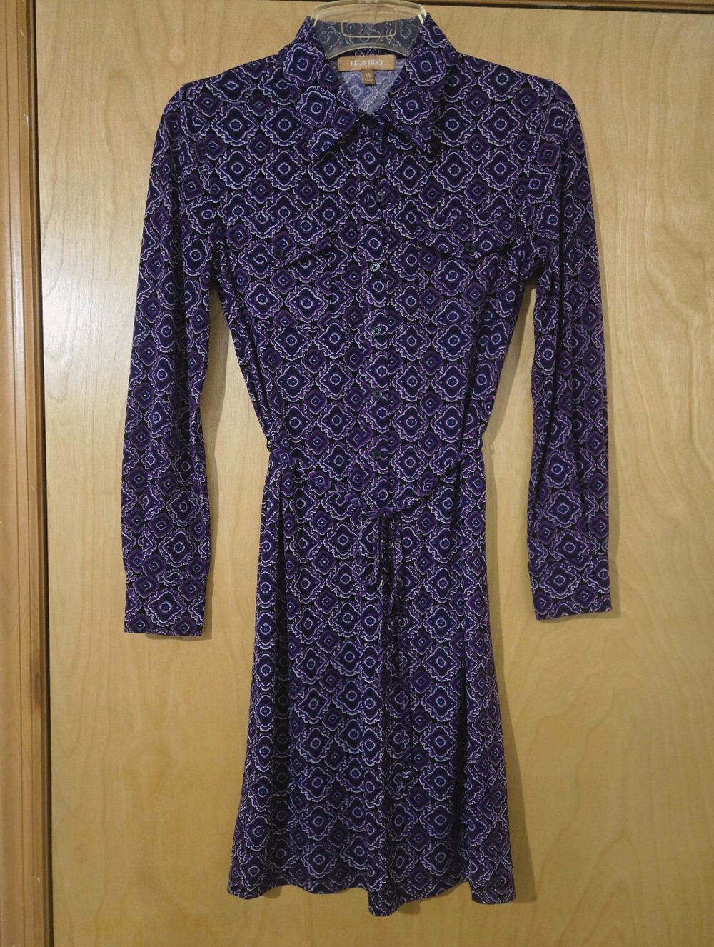 Ellen Tracy Vintage Purple Patterned Long-Sleeve Midi Shirt Dress Size XS